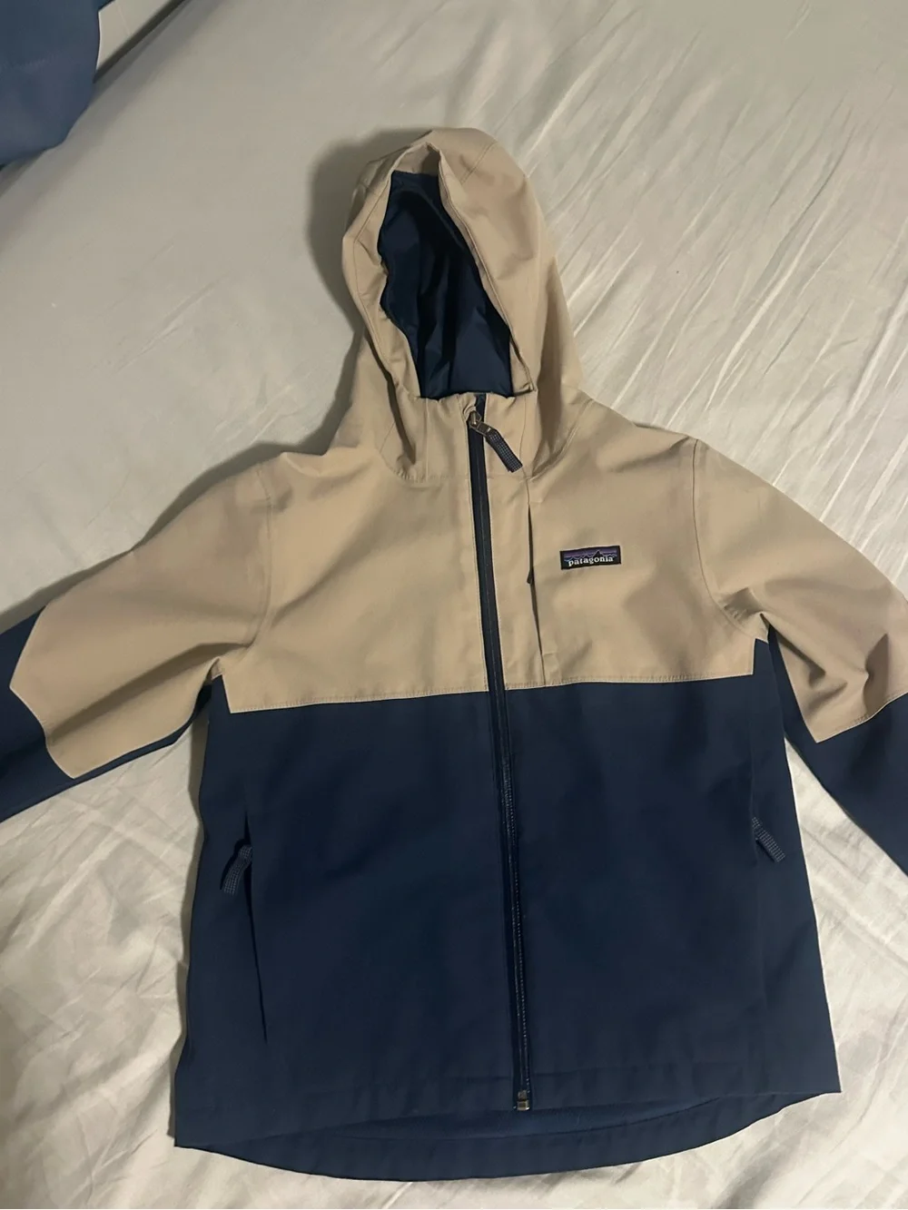 Patagonia Kids Two-Tone Hooded Rain Jacket - Tan & Navy